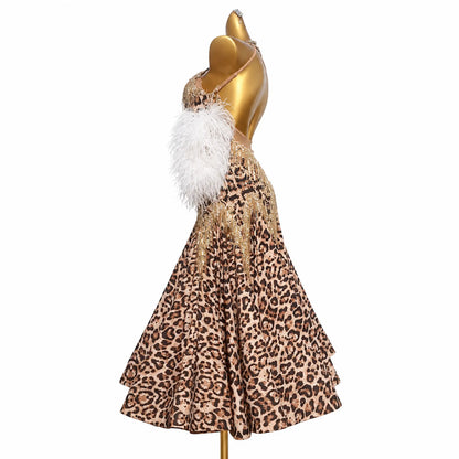Custom Leopard Pattern Feather Stone Fringe Ballroom Competition Dress