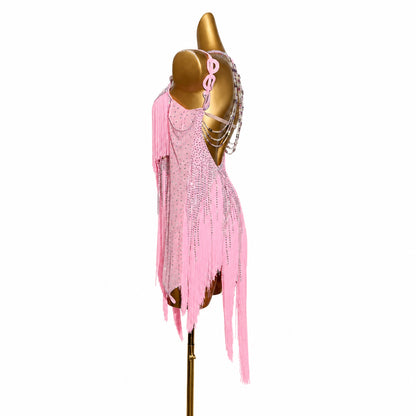 Custom Dynamic Pink Fringe Latin Competition Dress