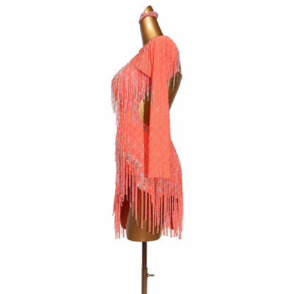 Custom One Shoulder Stone Fringe Latin Competition Dress