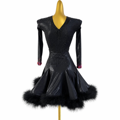 Custom Black Long Sleeve Feather Latin Dance Competition Dress