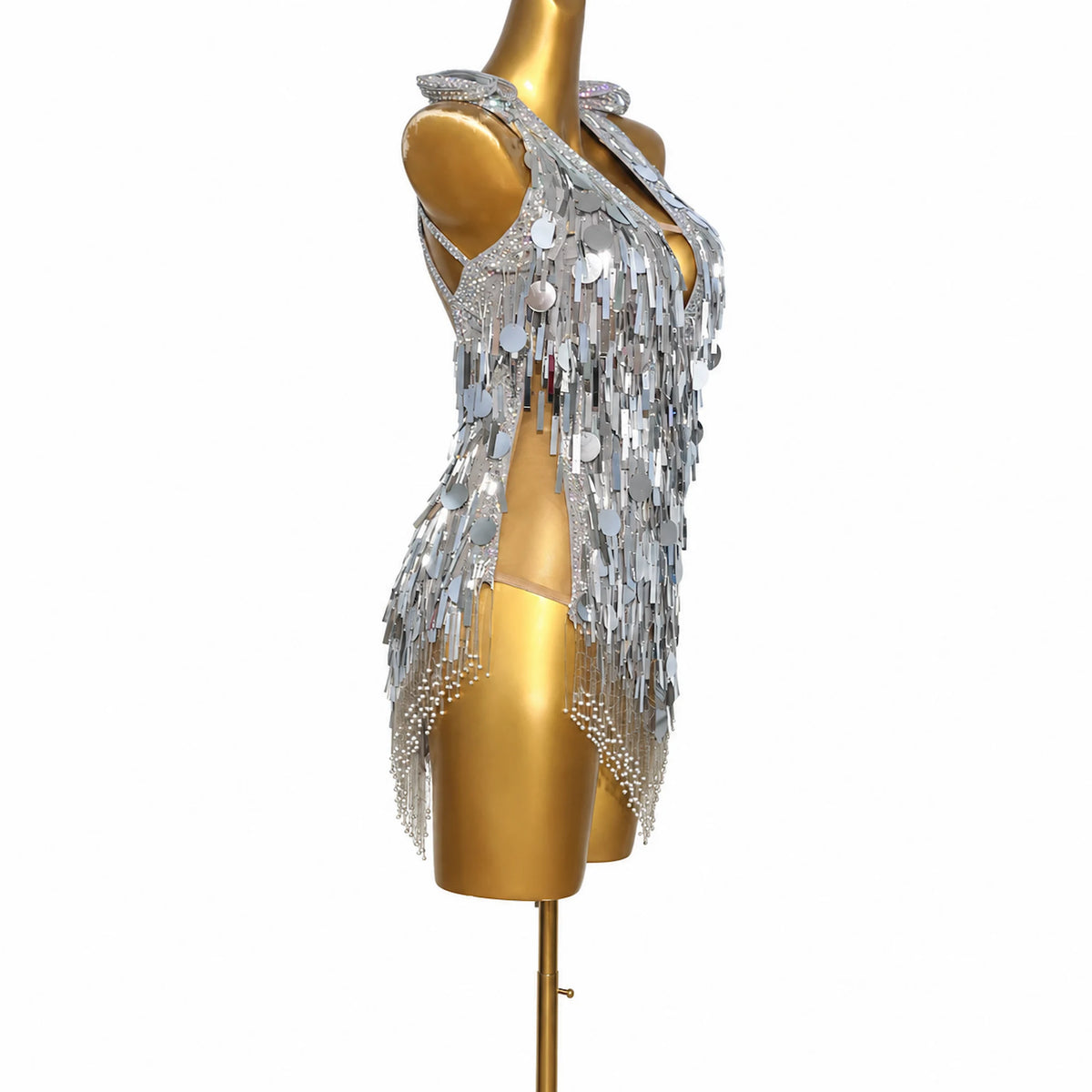 Custom Silver Sequin Fringe Latin Competition Dress