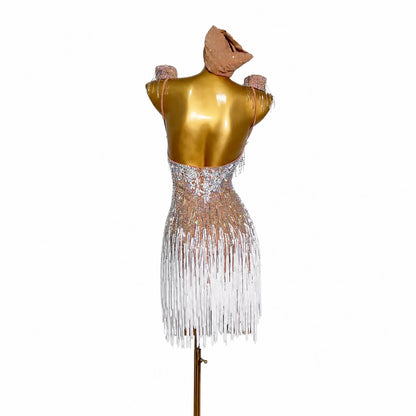Custom Nude Ombre Crystal Fringe Latin Dance Dress
