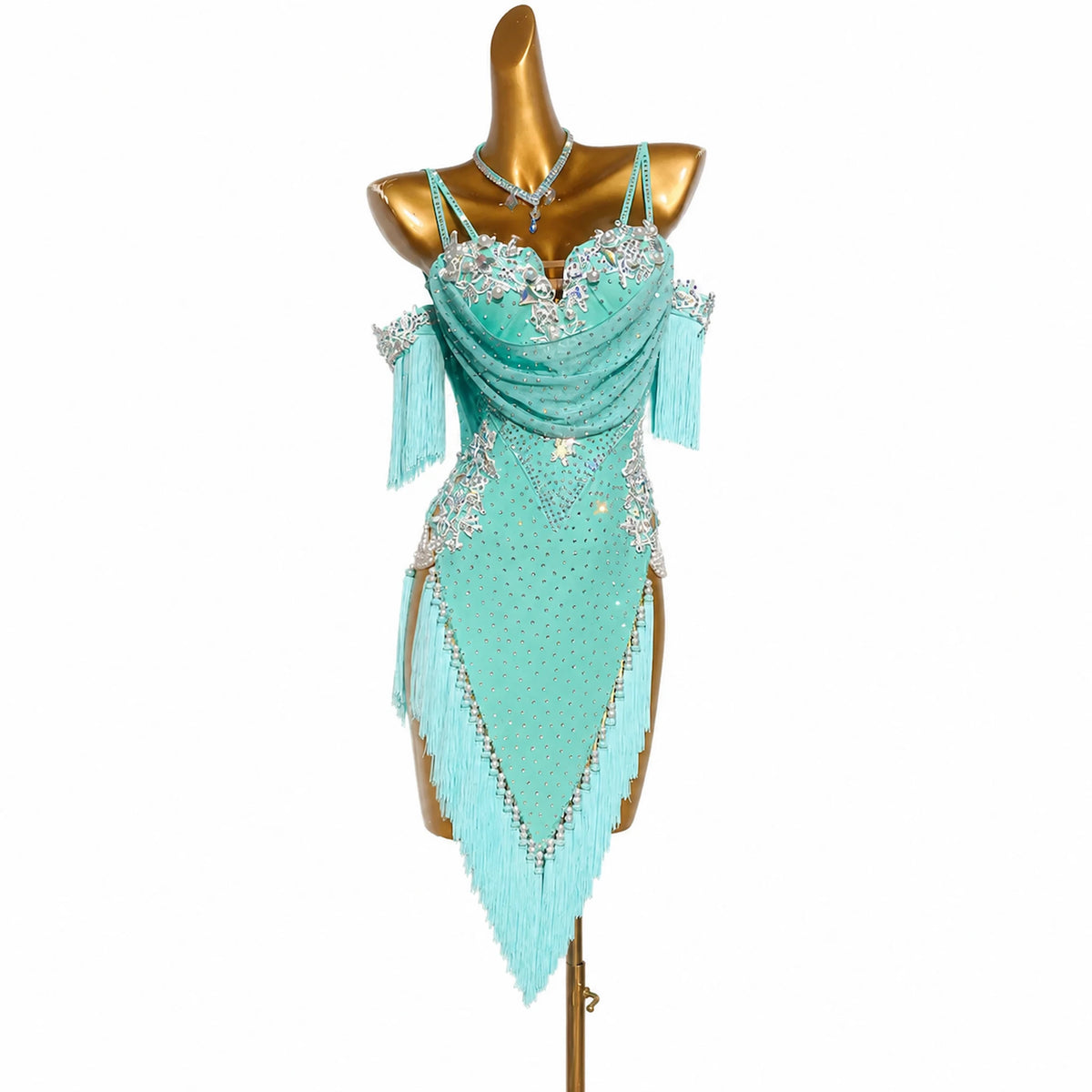 Custom Turquoise Off Shoulder Pearl Rhinestone Fringe Latin Competition Dress