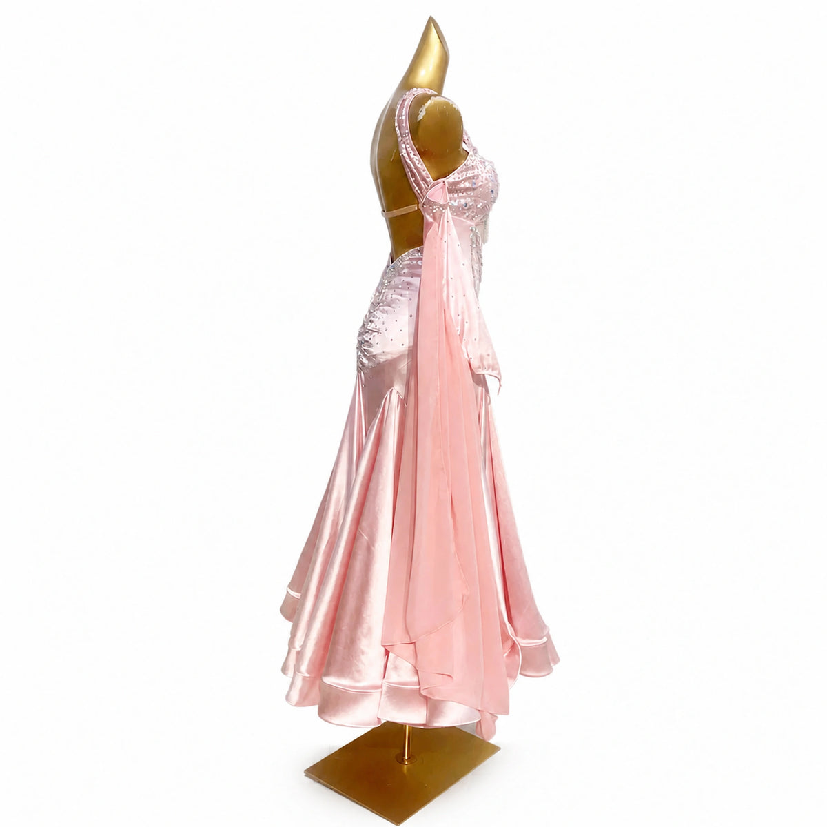 Custom Pink Satin Ballroom Competition Dress with Rhinestones