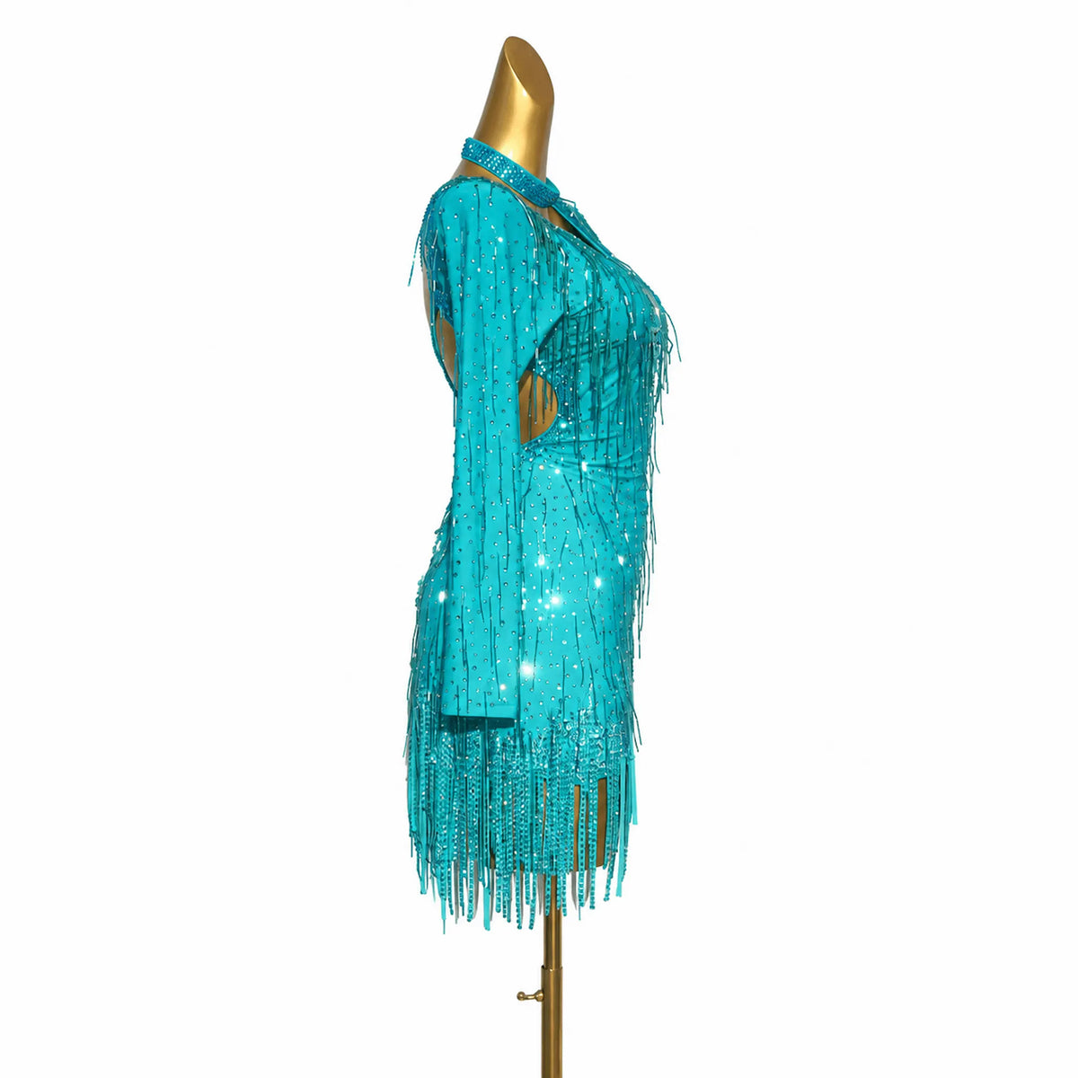Custom Turquoise Fringe Latin Competition Dress
