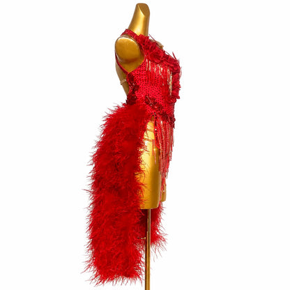 Custom Red Ostrich Feather Latin Competition Dress