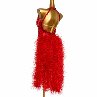Custom Red Ostrich Feather Latin Competition Dress