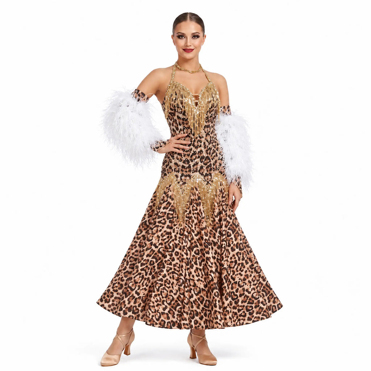 Custom Leopard Pattern Feather Stone Fringe Ballroom Competition Dress