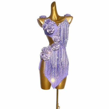 Customizable Lavender Floral Crystal Fringe Latin Competition Dress