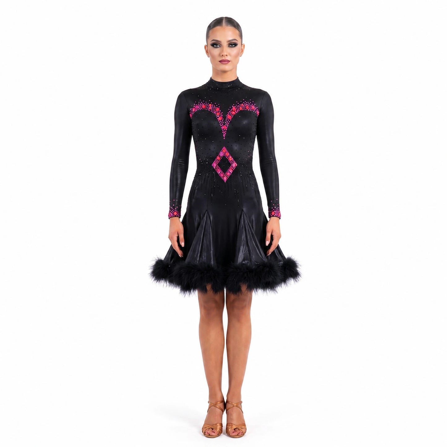 Custom Black Long Sleeve Feather Latin Dance Competition Dress