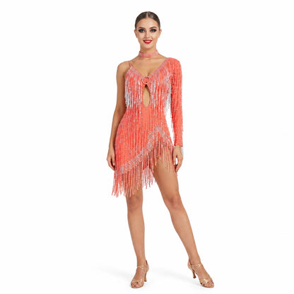 Custom One Shoulder Stone Fringe Latin Competition Dress