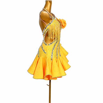 Custom Yellow Floral Fringe Stone Latin Competition Dress