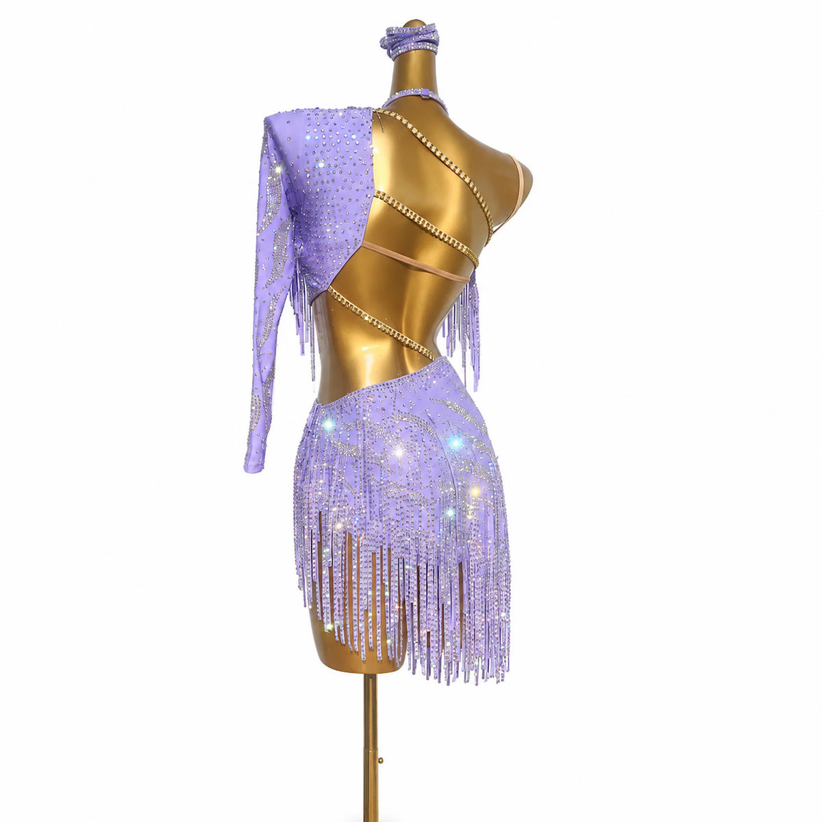 Custom Lilac Single Sleeve Cutout Fringe Latin Competition Dress