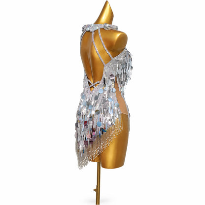 Custom Silver Sequin Fringe Latin Competition Dress
