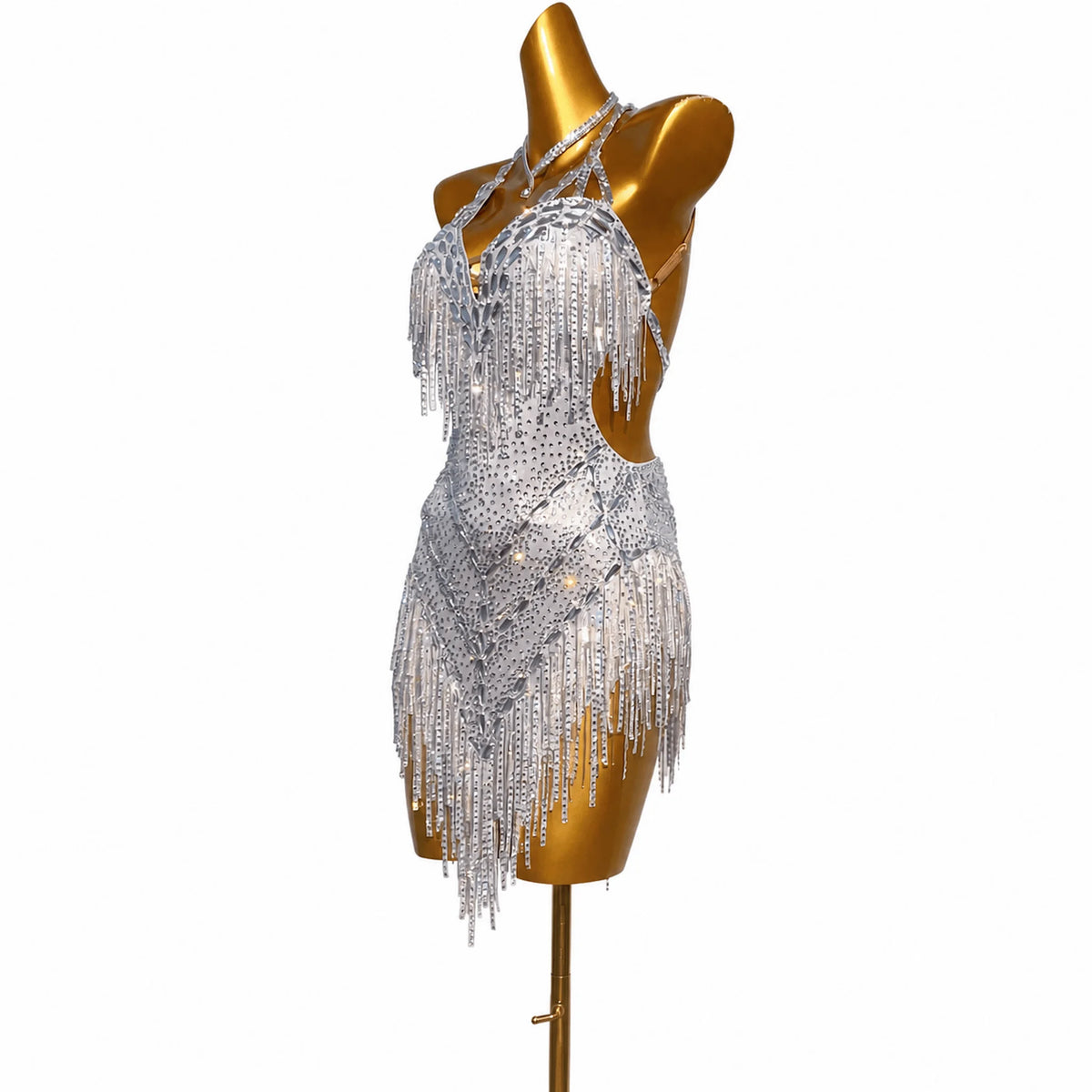 Customizable White Silver Glow Latin Dance Competition Dress