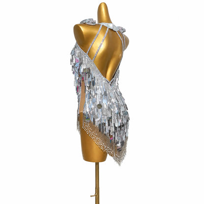 Custom Silver Sequin Fringe Latin Competition Dress