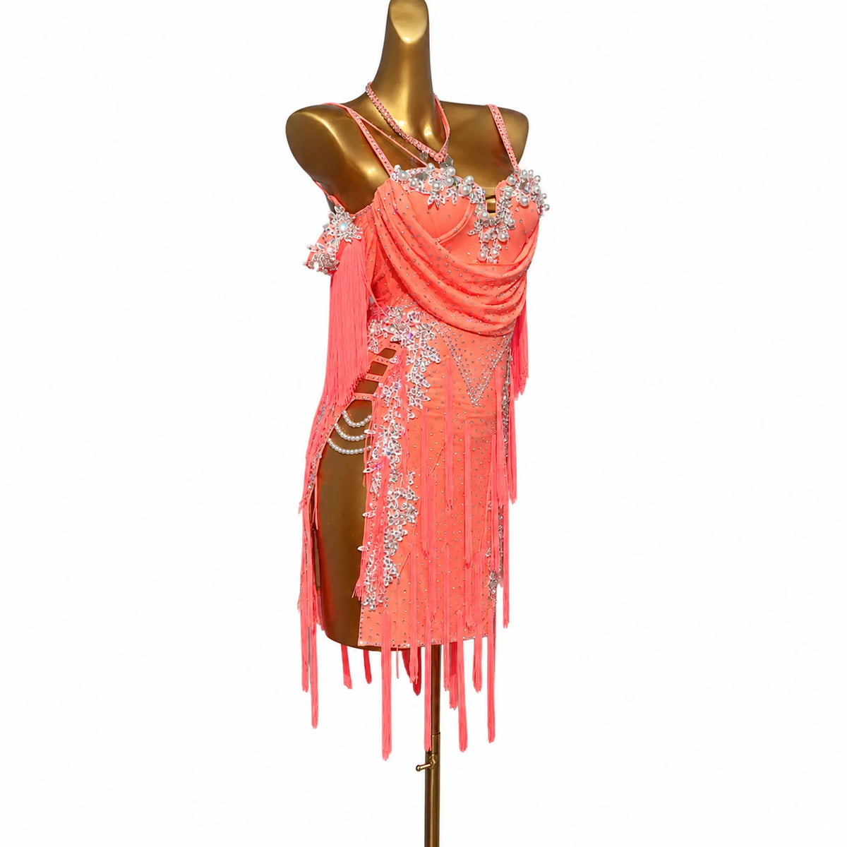 Custom Coral Draped Floral Stone Fringe Latin Competition Dress