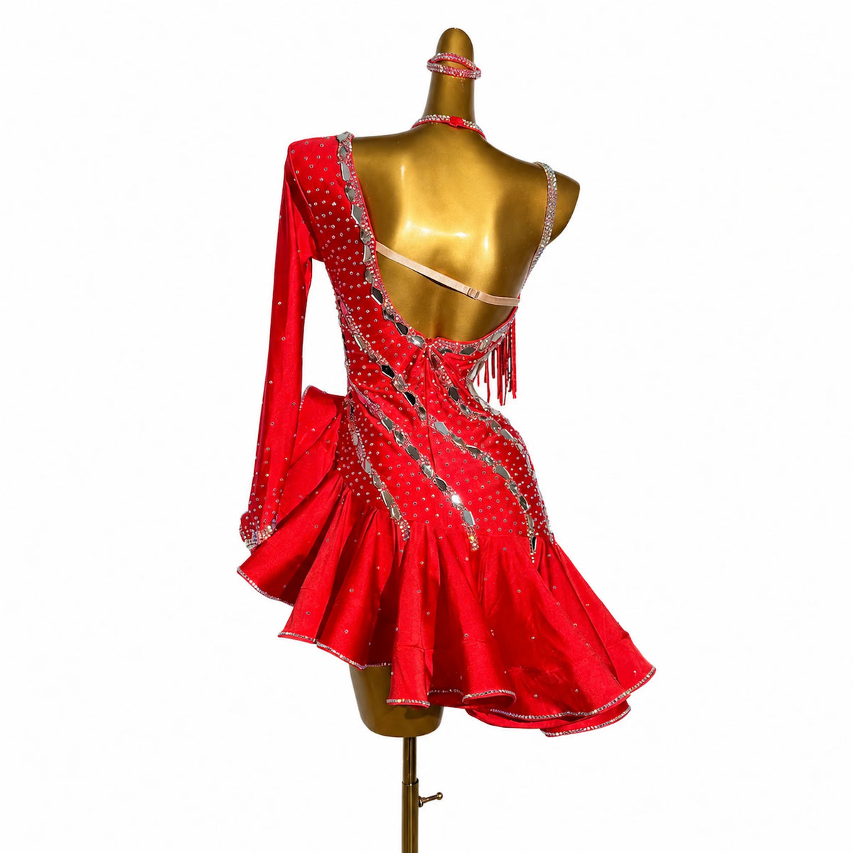Custom Red Asymmetrical Ruffle Latin Dance Dress