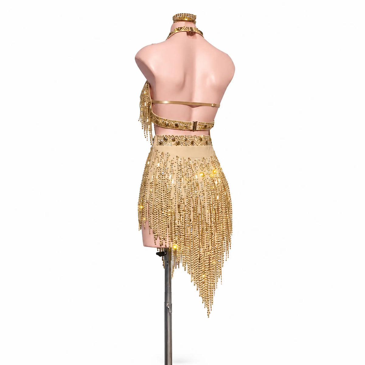 Custom Champagne Gold Halter Fringe Latin Competition Dress with Cutout