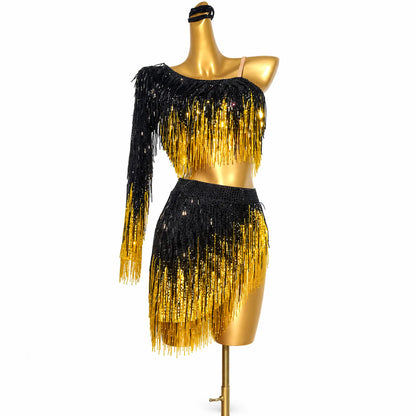 Customizable Gradient Black & Yellow Fringe Two-Piece Latin Dress