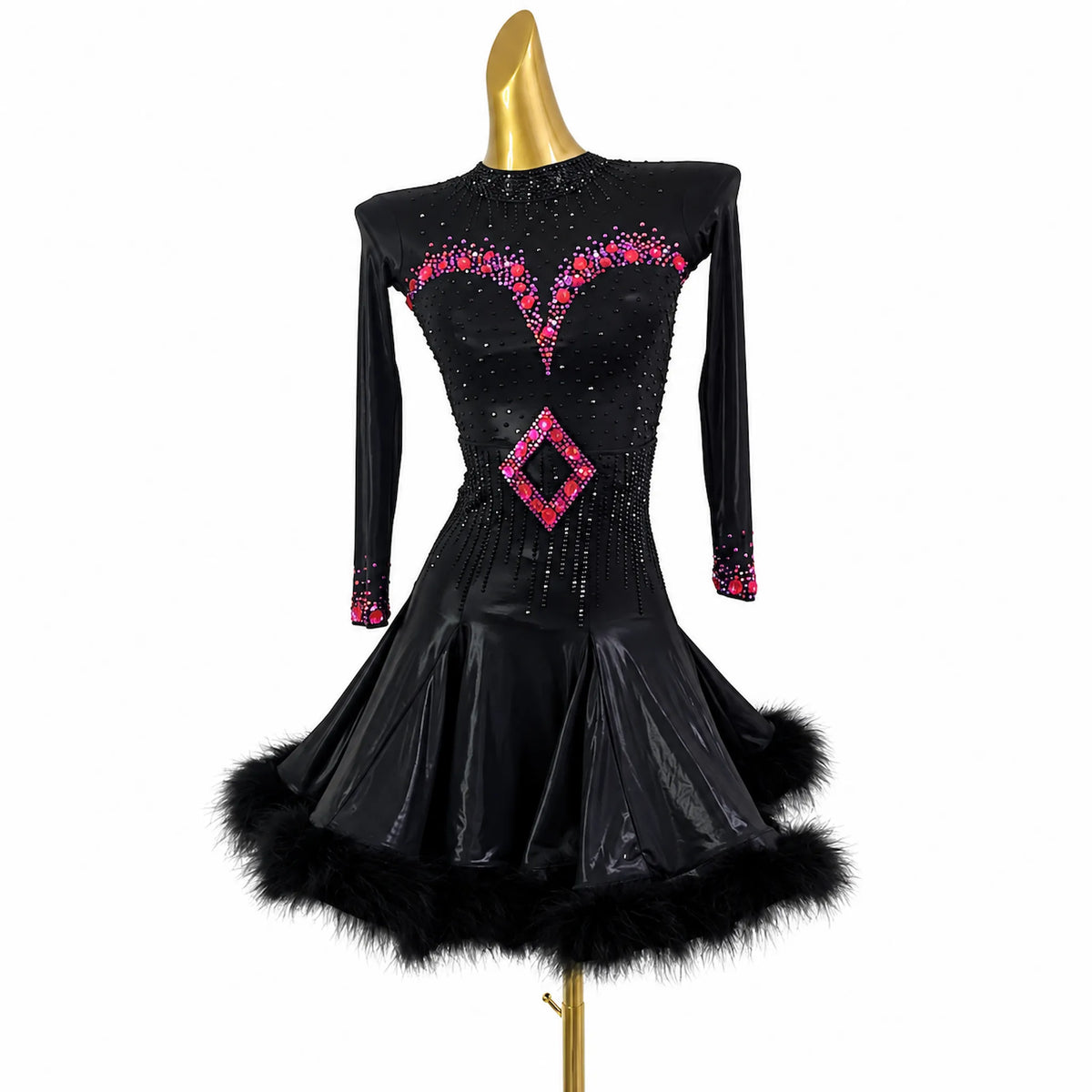 Custom Black Long Sleeve Feather Latin Dance Competition Dress