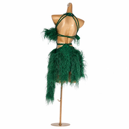 Custom Green Feather Halter Latin Dance Dress with Rhinestones