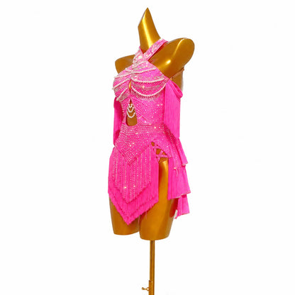 Custom Magenta Pearl Crystal Fringe Latin Competition Dress