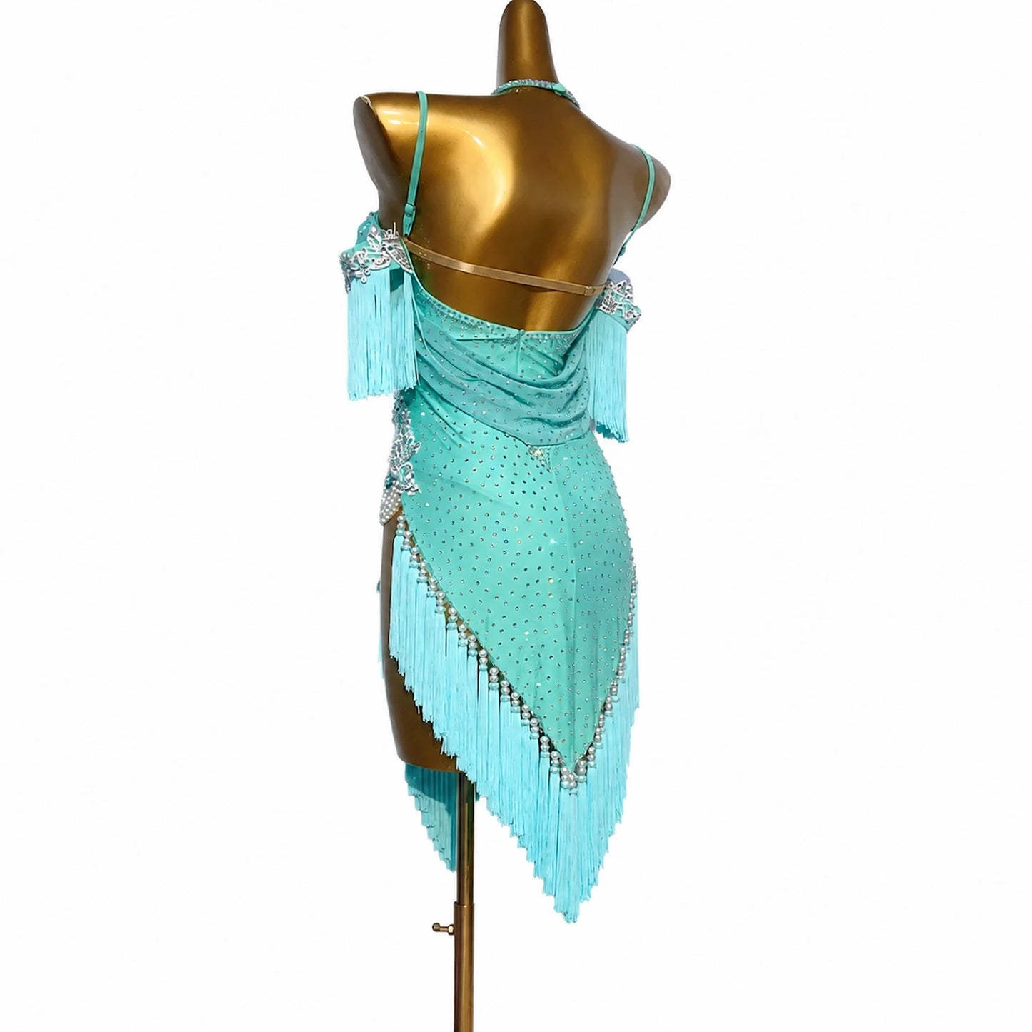 Custom Turquoise Off Shoulder Pearl Rhinestone Fringe Latin Competition Dress