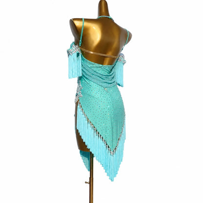 Custom Turquoise Off Shoulder Pearl Rhinestone Fringe Latin Competition Dress