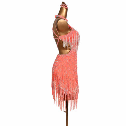 Custom One Shoulder Stone Fringe Latin Competition Dress