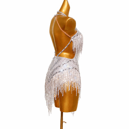 Customizable White Silver Glow Latin Dance Competition Dress