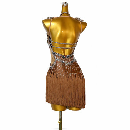 Custom Brown Cutout Stone Fringe Latin Competition Dress