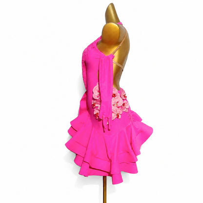 Custom Hot Pink Orchid Ruffle Latin Competition Dress