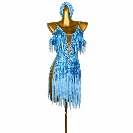 Custom Vibrant Sky-Blue Ombre Fringe Latin Competition Dress