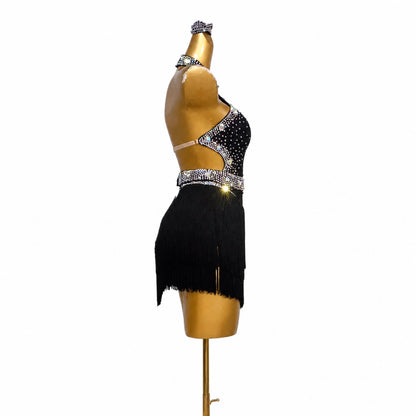 Custom Black Halter Rhinestone Fringe Latin Dance Competition Dress
