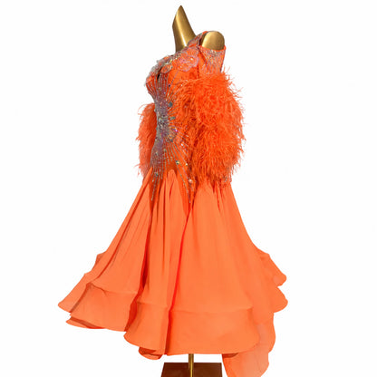 Customizable Feather Sleeve Crystal Ballroom Dance Competition Dress