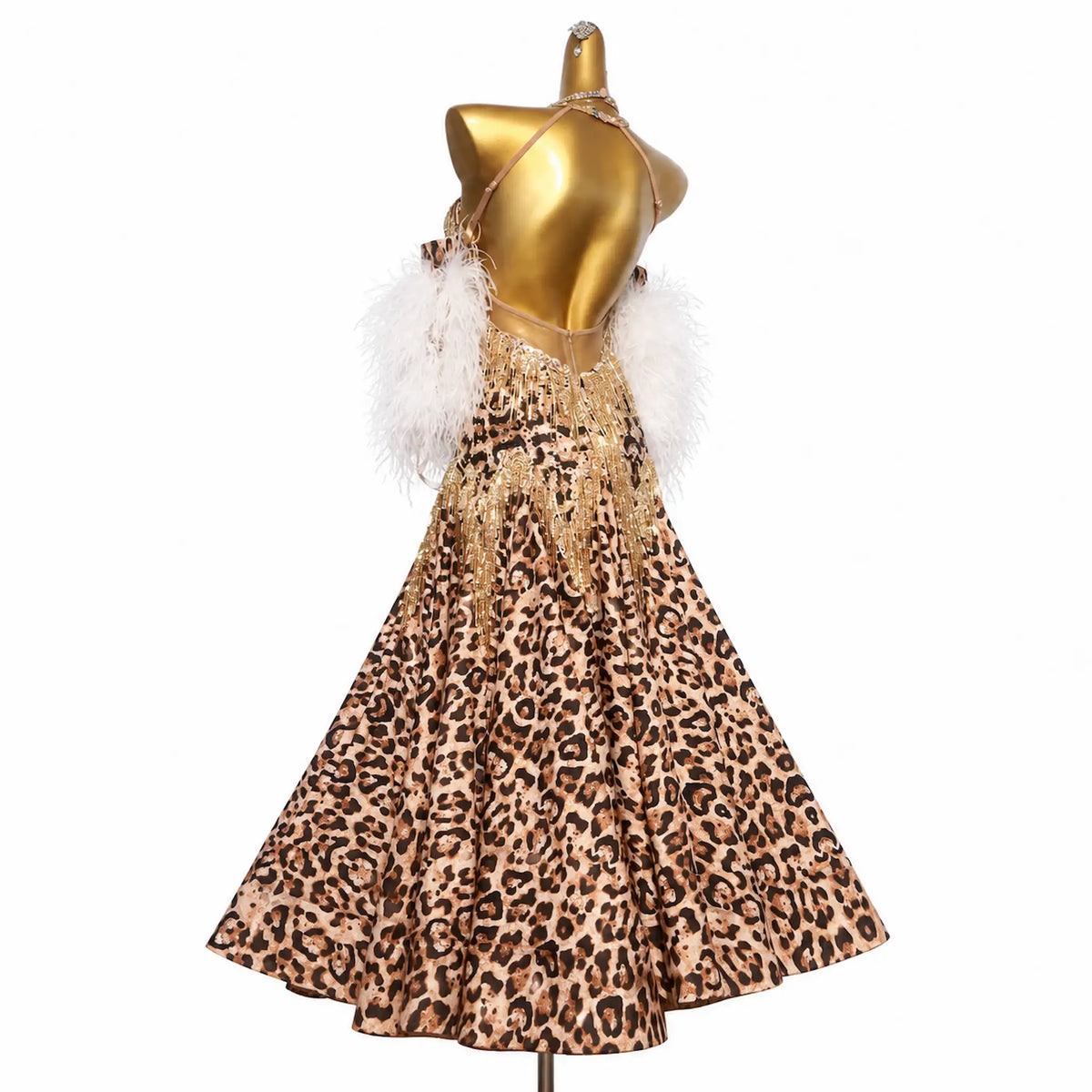 Custom Leopard Pattern Feather Stone Fringe Ballroom Competition Dress
