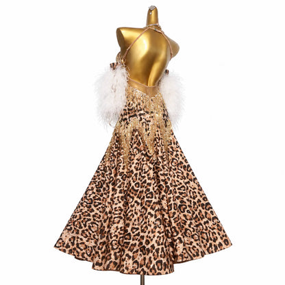 Custom Leopard Pattern Feather Stone Fringe Ballroom Competition Dress