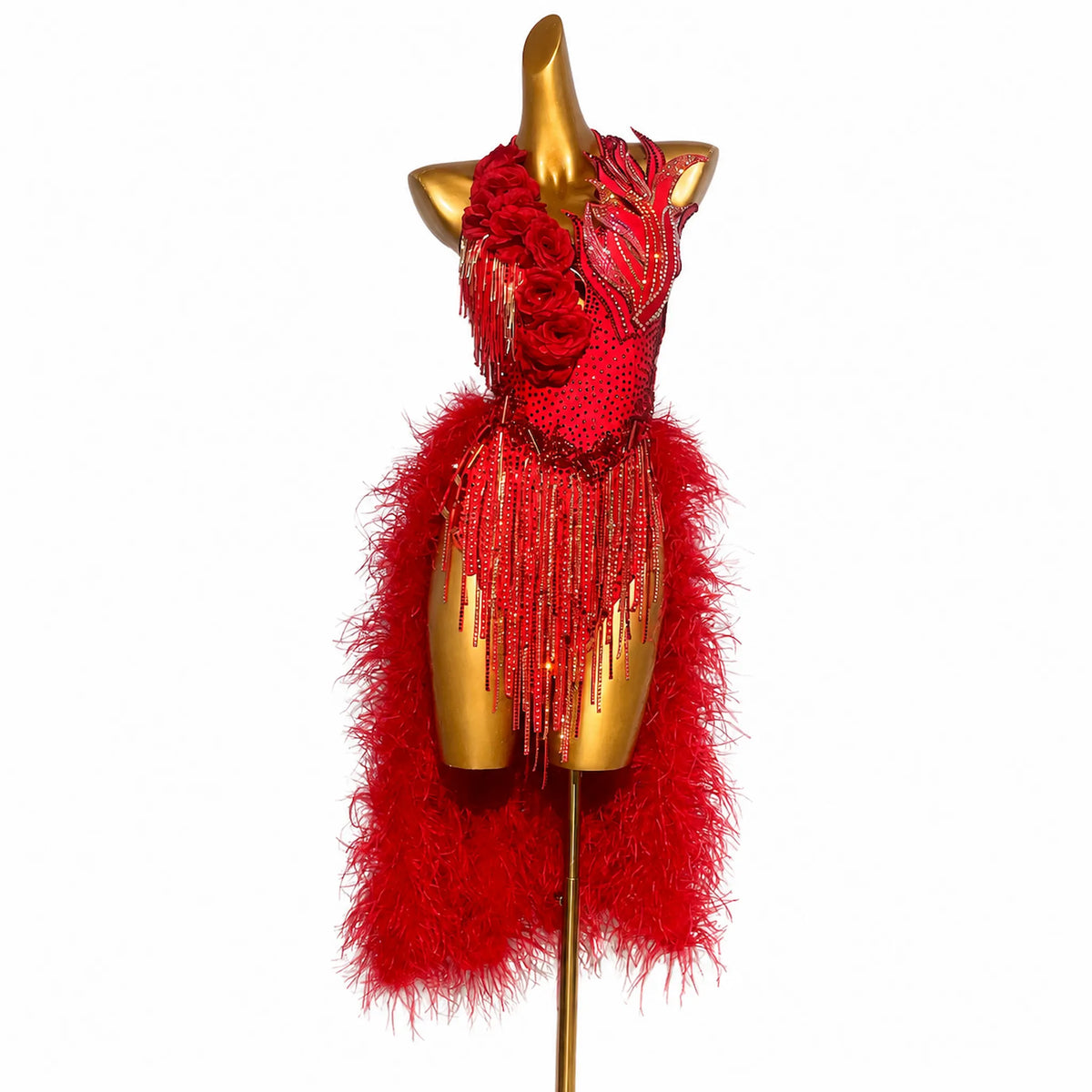 Custom Red Ostrich Feather Latin Competition Dress