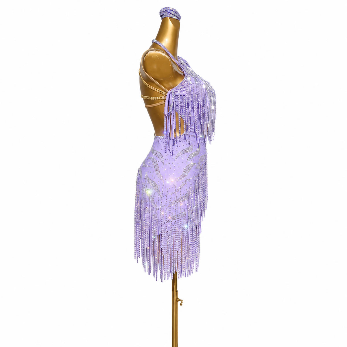 Custom Lilac Single Sleeve Cutout Fringe Latin Competition Dress