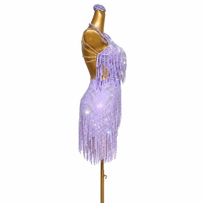 Custom Lilac Single Sleeve Cutout Fringe Latin Competition Dress