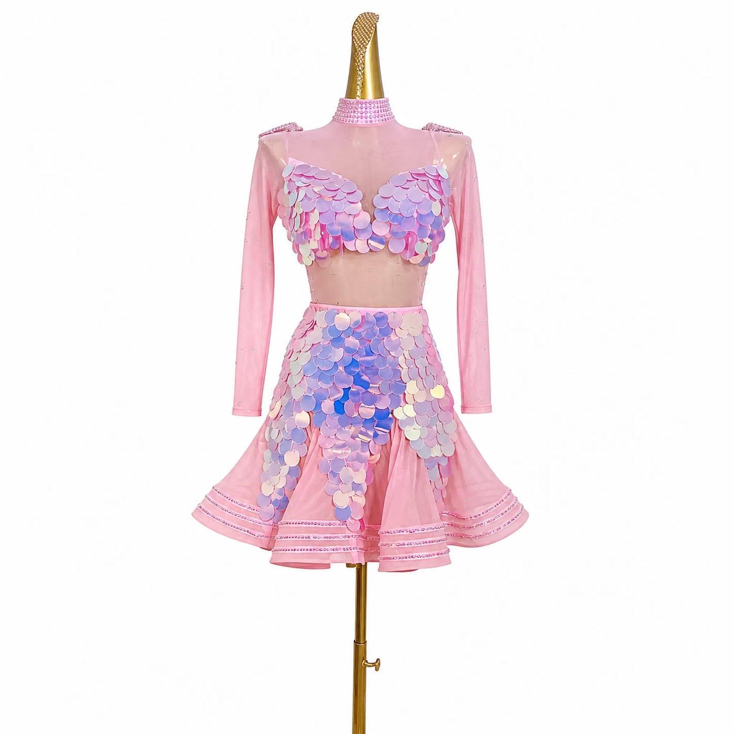 Custom Pink Paillette Long Sleeve Latin Dance Competition Dress