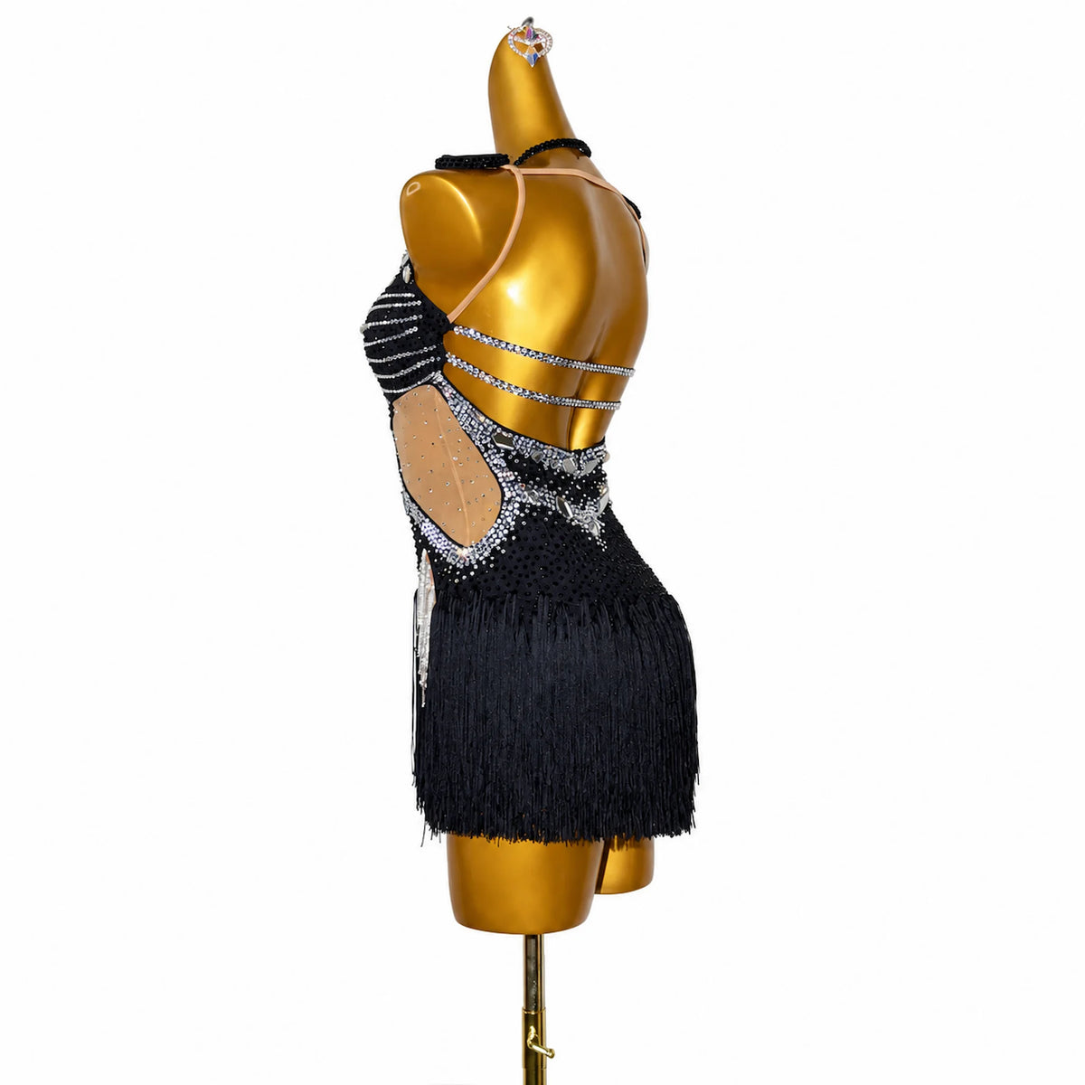 Custom Black Sheer Mesh Stone Fringe Latin Competition Dress