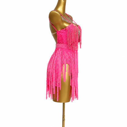 Custom Hot Pink Spaghetti Strap Stone Fringe Latin Competition Dress