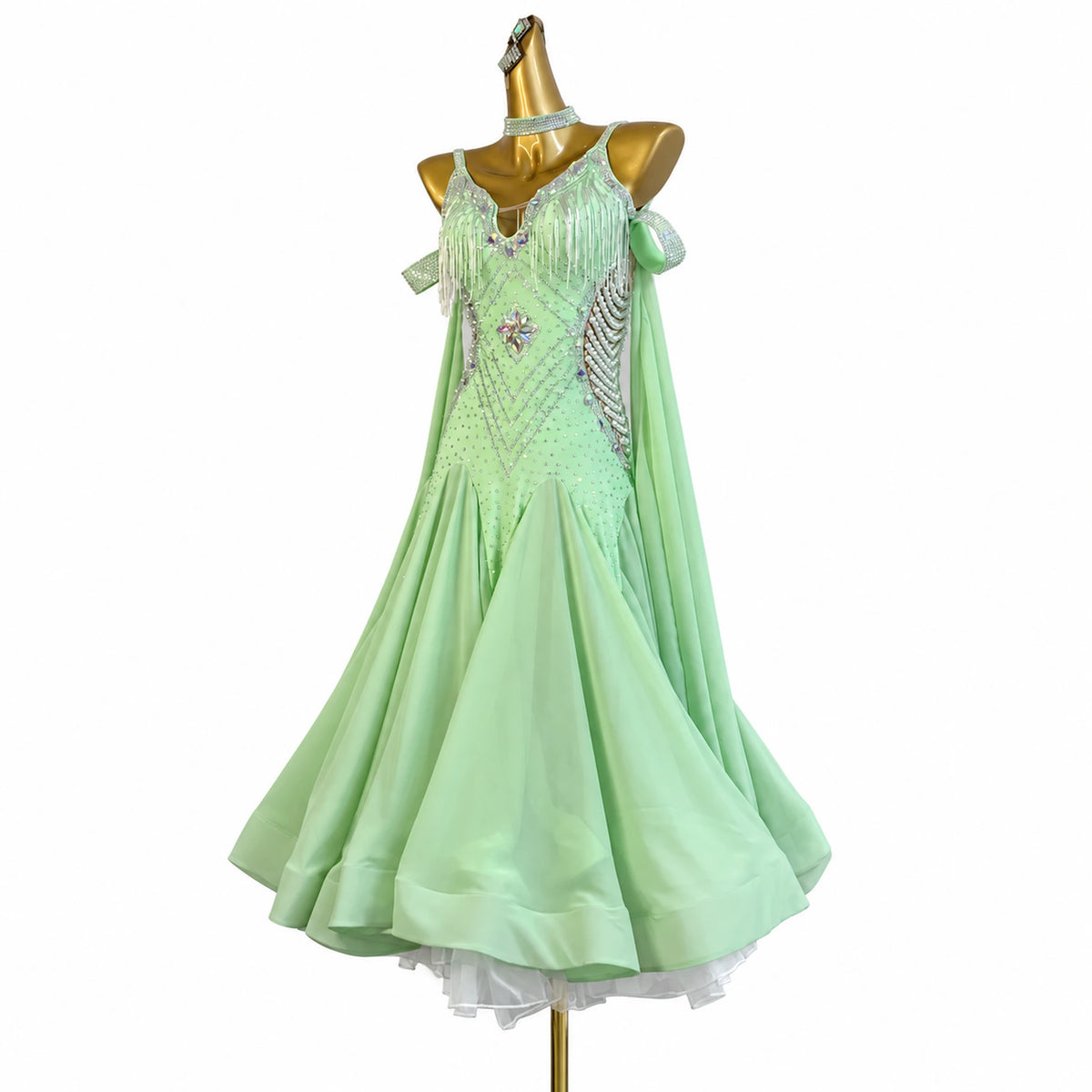 Custom Mint Green Pearl Standard Ballroom Competition Dress