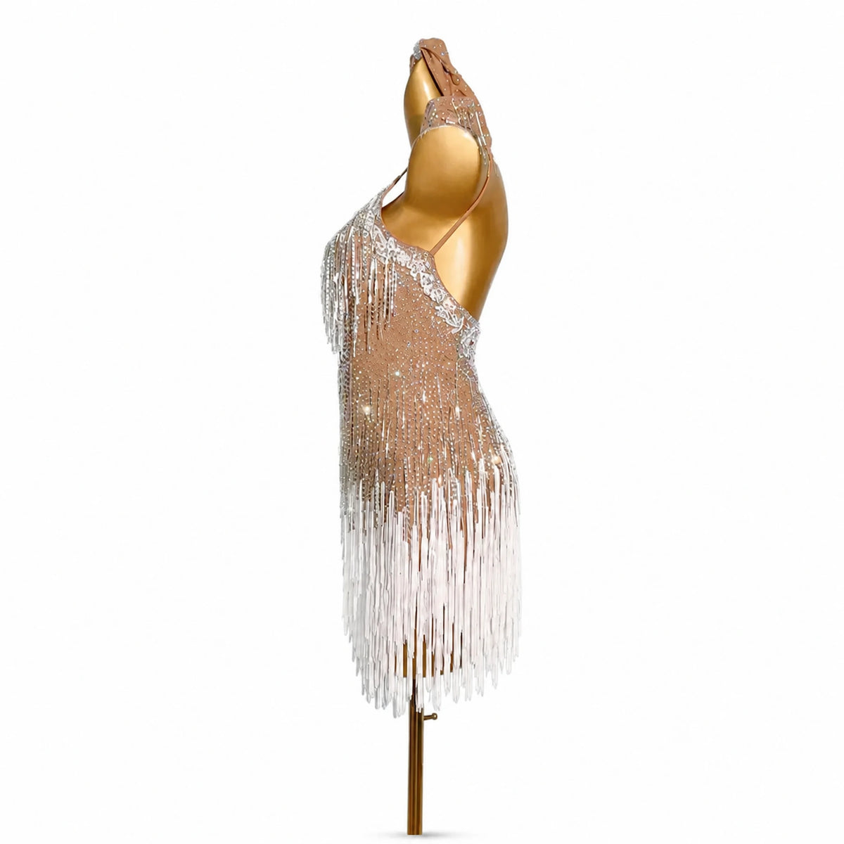 Custom Nude Ombre Crystal Fringe Latin Dance Dress