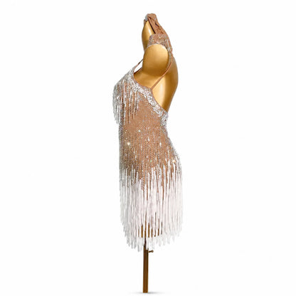 Custom Nude Ombre Crystal Fringe Latin Dance Dress