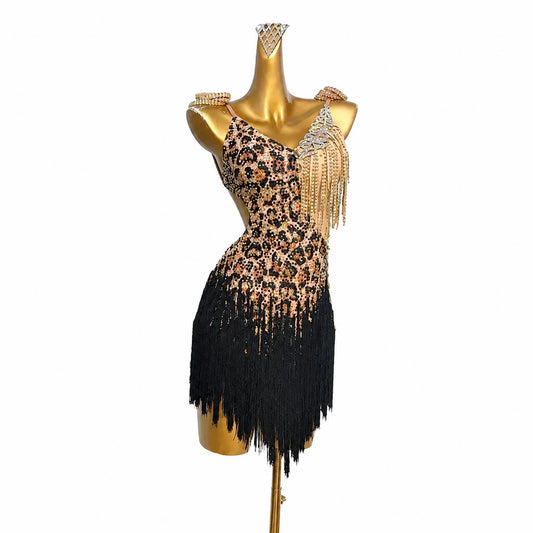 Custom Leopard Print Fringe Latin Dance Competition Dress