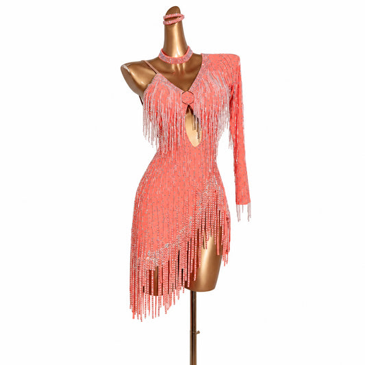 Custom One Shoulder Stone Fringe Latin Competition Dress