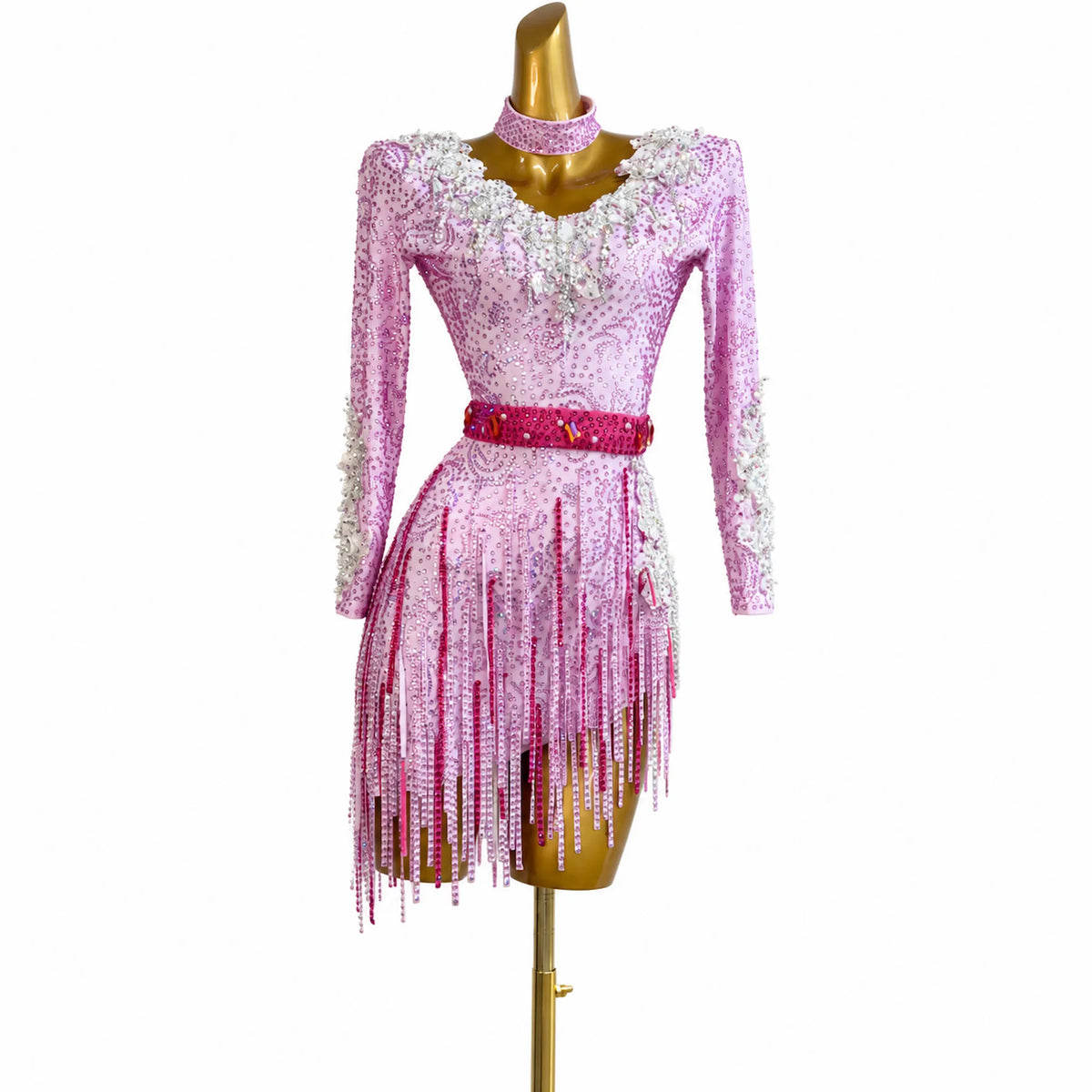 Custom Pastel Pink Long Sleeve Crystal Fringe Latin Competition Dress